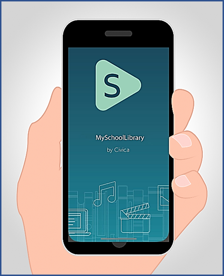 A hand holding a smartphone displaying the MySchoolLibrary by Civica app splash screen with a teal background.